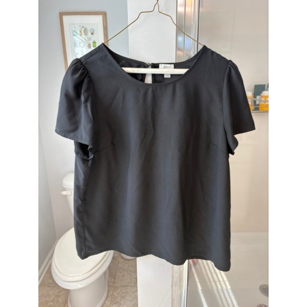 J.Crew Black Puff Sleeve Blouse Size L Keyhole Back Short Sleeve Work Top